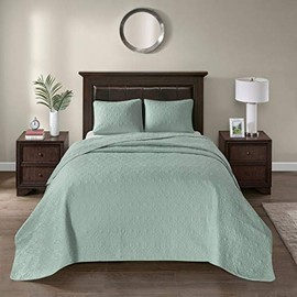 3 Piece Oversized King Bedspread to the Floor Set, Solid Seafoam Green Warm Tone, 120 Inches X 118 Inches, Coverlet Allover Quilt Drops Over Edge of King Beds, Microfiber, Stylish and Classic Stitched