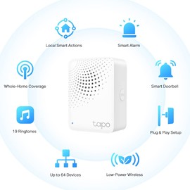 TP-Link Tapo Smart IoT Hub with Chime, Smart Home Security System, Low-Power Wireless, Long Range Connections, Smart Alarm & Doorbell, Up to 64 Devices, 19 Ringtones, Plug & Play (Tapo H100)