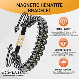 EUMENIDES Hematite Magnetic Bracelet, 18K Gold Magnetic Bracelet, Magnetic Hematite Bracelets with 18K Gold Beads, Eliminate Static Electricity, magnetite