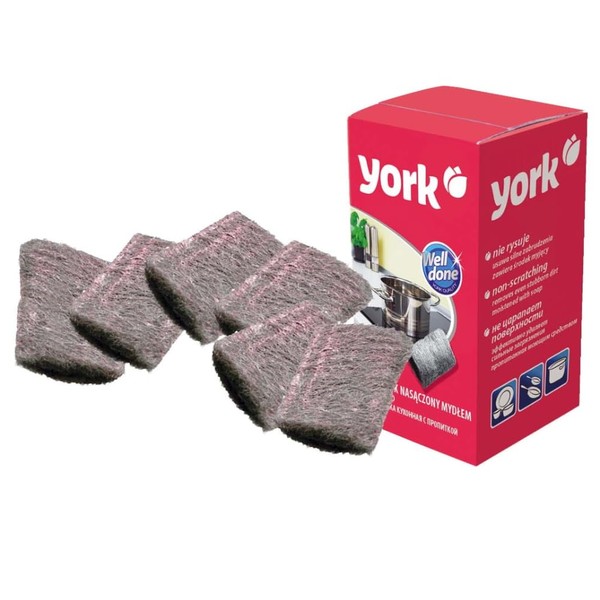 York Steel Sponge Against Stubborn Dirts, High Performance Scouring Sponge, Pot Scraper for Kitchen, Sink, Bowl, Grill, Sponge with Soap, Extra Fine, Stainless Steel Wool, Pack of 6 (1 Pack)