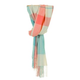 Glen Isla 100% Cashmere Summer Lightweight Scarf Coral & Green Block Check- Made In Scotland