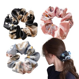 shefun JP324 Adult Satin Hair Elastic Plain Floral Leopard Print Tie Dye Cute Large Scrunchies Set of 3 for Women Adults