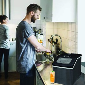 Frigidaire Ice Maker EFIC452, Countertop Stainless Steel Ice Maker with Transparent Window, Clear Ice Cube Maker with 40 lbs. Capacity, Ice Maker Machine – 14.8" D x 11" W x 14.1" H (Black)