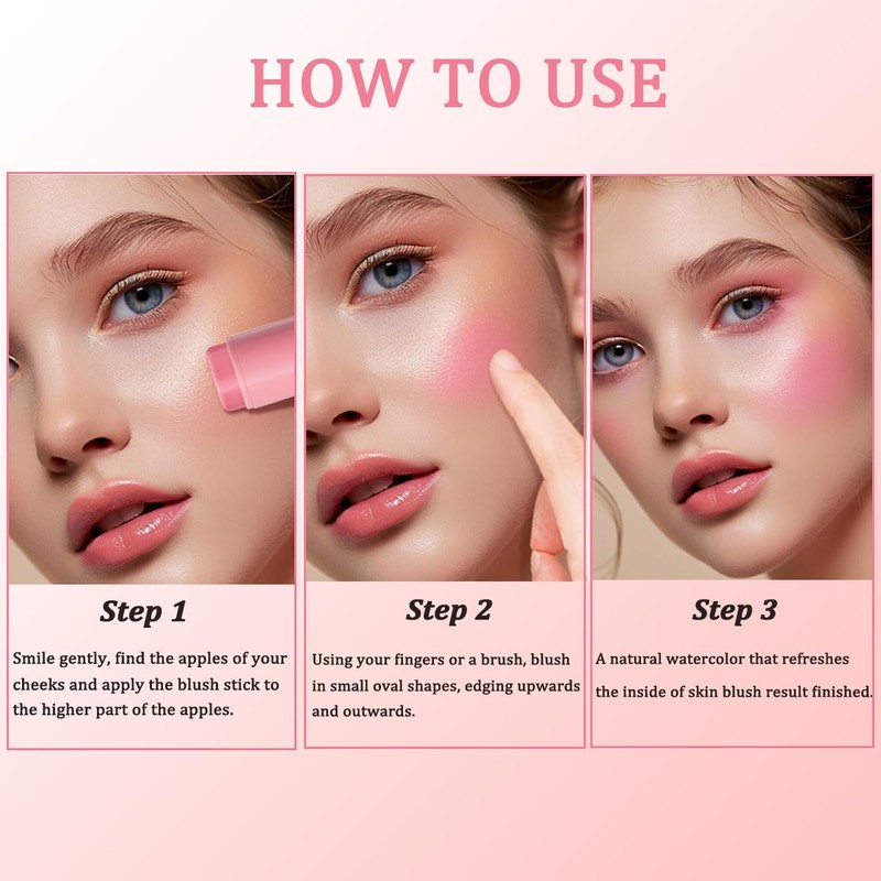 Cream Blush Stick, Natural Glow Finish Looking, Hydrating Lightweight Shiny