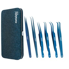 6PCS Eyelash Extension Tweezers Sets Made of Japanese Stainless Steel (Glitter Blue Rexion Pouch)