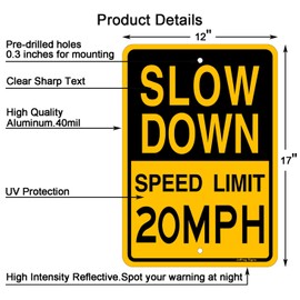 Joffreg Slow Down Speed Limit 20 MPH Sign,17 x12 Inches,Reflective Aluminum (2 Pack)