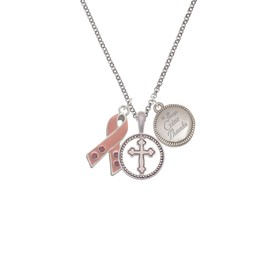 Delight Jewelry Silvertone Large Pink Ribbon with Crystals Silver-tone Give Thanks to God Cross Pendant Necklace, 23"