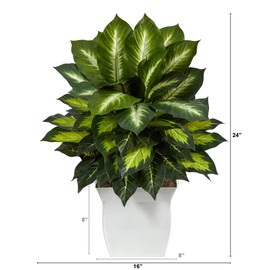 Nearly Natural 2ft. Golden Dieffenbachia Artificial Plant in White Metal Planter