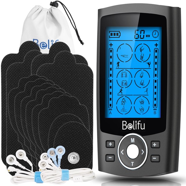 Belifu Dual Channel TENS EMS Unit with 12 Pads, 24 Modes Muscle Stimulator, Electronic Pulse Massager Muscle Massager for Pain Relief Therapy, Fastening Cable Ties, Dust-Proof Drawstring Storage Bag