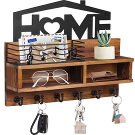 VIS'V Key Holder Wall Mount, Wooden Key Mail Holder Wall Decorative Key Rack Organizer with Shelf Mail Storage Basket with 6 Key Hooks 2 Compartments for Entryway Doorway Hallway - Brown