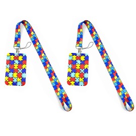 2 Sets Autism Awareness Retractable ID Badge Holder, Adjustable Lanyard ID Holder, Colourful Puzzle ID Card Holder with Tear-Off Lanyard, for ID, Office, School