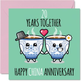 Stuff4 Cute China Anniversary Card for Boyfriend Girlfriend - 20 Years Together - Happy 20th Wedding Anniversary Cards for Women Men, 5.7 x 5.7 Inch Greeting Cards for Twentieth Anniversaries