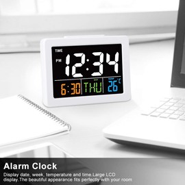 Natudeco Digital Alarm Clock Colorful Large Screen LCD Electronic Desk Bedside Clock LED Clock with Temperature Date Display (white)
