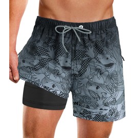 APTRO Men's Swimming Shorts with Zip Pockets 2 in 1 Quick Dry Swim Trunks with Compression Liner Floral Gradient Grey MK387 XXL