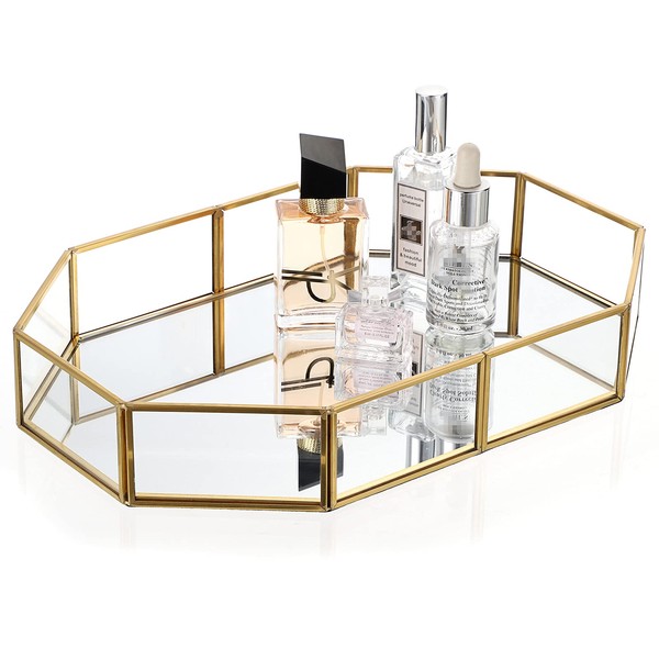 Hipiwe Gold Perfume Tray - Glass Mirror Makeup Tray Ornate Vanity Tray Dresser Tray Jewelry Trinket Organizer Tray for Bathroom Storage Tray for Home Decor,12.4"x 8.5"