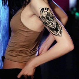 6 Hojas De Pegatinas De Tatuajes Temporales Impermeables De Animales Pequeños De León, Lobo Y Oso Para Brazo Completo