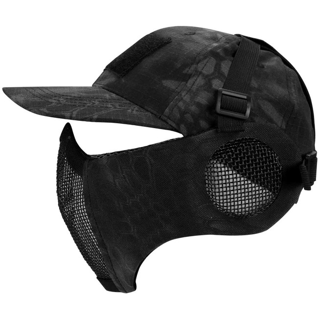 Foldable Half Face Mesh Mask and Cap Set, Adjustable Airsoft Mesh Mask with Ear Protection and Baseball Cap Comfortable Lower Face Protective Mask for CS/Hunting/Paintball/Shooting