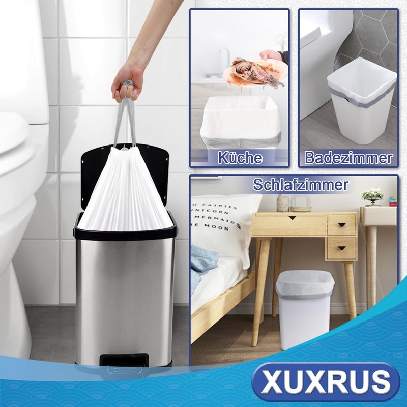 XUXRUS 8L Bin Liners with Drawstring Rubbish Bags Small Handles