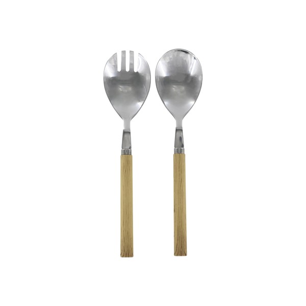 Salad Servers Set of 2 Natural Wood Effect Rustproof Steel/Acrylic
