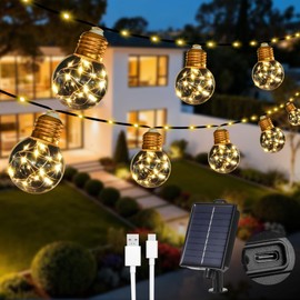 MERRIMAX M Solar String Lights Outddor, 257LEDs 25Ft Solar Powered Fairy Lights with 20 G50 Bulbs, 8 Modes Waterproof Solar Patio Lights Outside for Fence Camping Porch Balcony Decor (Warm White)