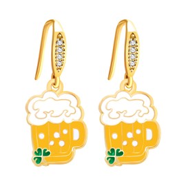 JunyiDIY Yellow Beer Mug Earrings, Women’s Statement Enamel Alloy Four-Leaf Clover Lucky Jewelry for Sisters Best Friends Graduation Birthday Party YA5718