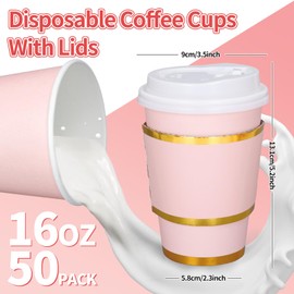 JarThenaAMCS 50Pcs Light Pink Disposable Coffee Cups with Lids and Sleeves 12Oz Foil Gold Border Pink Insulated Paper To Go Cups for Hot Cold Beverage Drinks