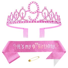 Pink 9th Birthday Sash for Girls Birthday Princess Crown Queen Tiara Rhinestone Birthday Headbands Birthday Girl Sash Happy Birthday Decorations for Girls 9 Year Old Birthday Party Supplies