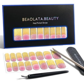 Beaolata Nail Polish Strips, 32PCS Salon Quality Wraps, Long Lasting Gel Nail Stickers for Women Easy Apply& Remove (Glow Gold)