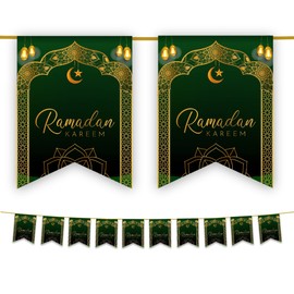 Ramadan Mubarak Kareem Bunting Party Flags - Ramadhan Decorations Banner Partyware Black Green Blue Floral White Gold 10 Flags (Green & Gold)