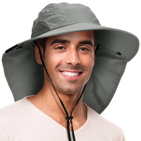 Sun Hat for Men with UV Protection Wide Brim Safari Hike Cap w/Neck Flap Cover Gray