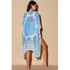 Breezy Lane Beach Coverup for Women Summer Kimonos Swimsuit Cover ups with Tassel White Blue Print