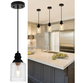 WILON Modern Glass Pendant Lights for Kitchen Island, 6.29" Mini Pandent Light Fixture with Seeded Glass Shade Black Farmhouse Pendant Lights E26 Base Hanging Kitchen Lights for Sink Dinging Room