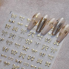 1 Sheets Bow Nail Stickers for Nail Art 5D Self Adhesive Embossed Bows Nail Art Stickers with Rhinestones Design Gold Bow Nail Decals for Women Girl DIY Nail Decoration