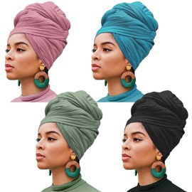 4 Pieces Head Wrap Stretch Jersey Turban African Knit Fashion Headband Solid Colors Ultra Soft Breathable Head Scarf Stretchy Shawl Tie for Women (Black, Pink, Light Ha Tsing, Olive Green)