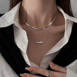 Cybche Boho Layered Flat Snake Chain Necklace Chunky Herringbone Necklace Curved Bar Necklace Silver Horizontal Bar Pendant Necklace Multi Layer Choker Necklace Jewelry for Women