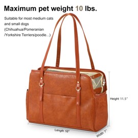 Lasaviin Dog Carrier Purse, Fashion Leather Pet Carrier with Pockets, Airline Approved Soft Sided Dog Carrying Bag for Puppy Cat Dog Brown
