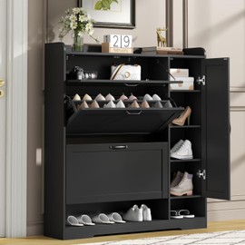 Shoe Cabinet with 2 Flip Drawers & 1 Drawer, Shoe Storage Cabinet with Sidecabinet for Entryway, Slim Freestanding Shoe Cabinet Organizer with Adjustable shelf, Narrow Hidden Shoe Rack, Black