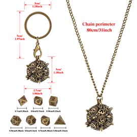 Mini DND Dice Set with Portable Key Ring, Necklace, Hollow D20 Ball Metal Cage, Tiny 7-Piece Polyhedral Metal D&D Dice, DND Gifts with Gift Bags, D&D Accessories, Bronze