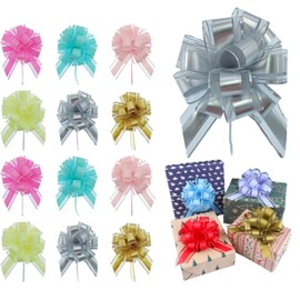 Pull Bow Gift Wrapping Set, 12Pcs Present Large Organza Present Pull Bow, Mixed Color Large Organza Present Wrapping Pull Bow with Ribbon