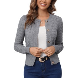 Enjyam Women's Cardigan Elegant Long Sleeve Crew Neck Cardigan Lightweight Bolero Jacket with Buttons Soft Jacket Over Top Dress, gray