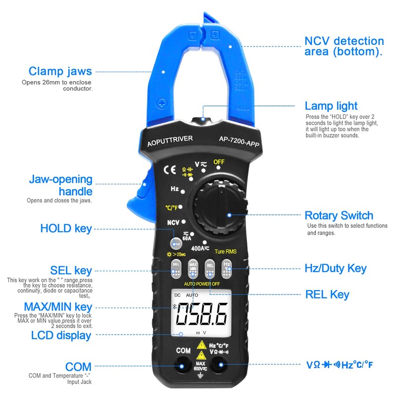 Medidor de abrazadera digital Bluetooth Multímetro ac dc amp Meter