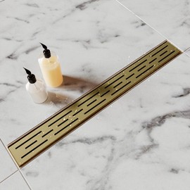 HTOH Brushed Gold Shower Drain 18 Inch, 304 Stainless Steel Linear Shower Drain with Removable Brick Pattern Grate - Adjustable Rectangular Shower Floor Drain with Hair Strainer, Linear Drain