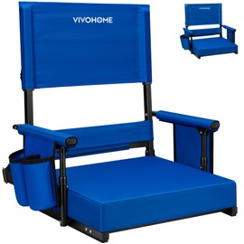 VIVOHOME Height Adjustable High Back Stadium Seat with Back Support and Cushion, Portable Bleacher Chair with Cup Holder and Shoulder Strap, Blue
