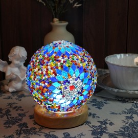 HyDlan Bedside Lamp, Glass Patchwork Table Lamp, Boho Style (15.5 x 12.5 cm), USB Power Connection, Vintage Decorative Desk Lamp, for Modern Decoration, Bedroom, Night Lamp, Living Room (Boho Blue)