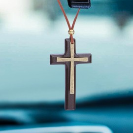 Cross for Car Mirror Hanging, Wood Cross Charms for Rear View Mirror, Car Hanging Ornament, Christian Accessories for Cars, Truck, Home Decor (Brown)