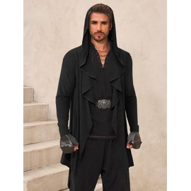 Runcati Mens Long Hooded Cardigan Ruffle Shawl Collar Open Front Long Sleeve Lightweight Drape Robe Black