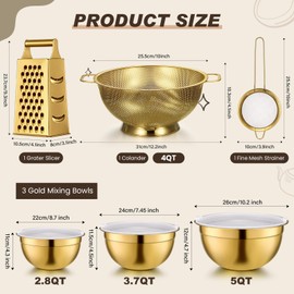 Baderke 6 Pcs Gold Kitchen Accessories Set Includes 3 Gold Mixing Bowls with Airtight Lids Stainless Steel Colander Grater Slicer and Fine Mesh Strainer(Mixing Bowls: 2.8/3.7/5 Qt, Colander: 4 Qt)