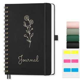 EMSHOI Spiral Notebook College Ruled, A5 Small Hardcover Leather, 140 Numbered Pages, 100 GSM Lined Journal for Women Men School Work Writing Journaling Note Taking, 5.7" x 8.22", Black