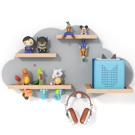 LUPWNEKA Grey Cloud Tonies Shelf Wall Mounted, Magnetic Floating Shelves with Hook for Toniebox, Tonies Characters & Earphones, Wooden Tonie Storage Shelf for Children Room