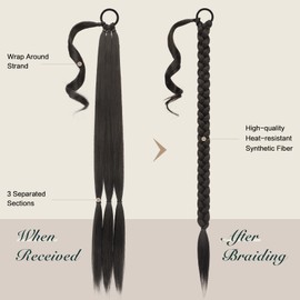 FESHFEN Braid Extensions Ponytail Extension with Scrunchie, 65 cm Long Ponytail Braided Synthetic Hair Extension Braid Hairpiece for Women, Black Brown